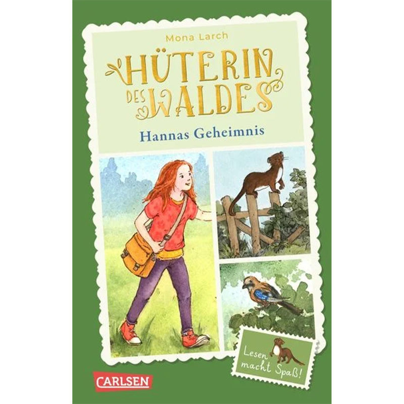 Buchcover „Hüterin des Waldes – Hannas Geheimnis“ – Illustration eines Mädchens mit Tieren im Wald, grüner Rahmen.