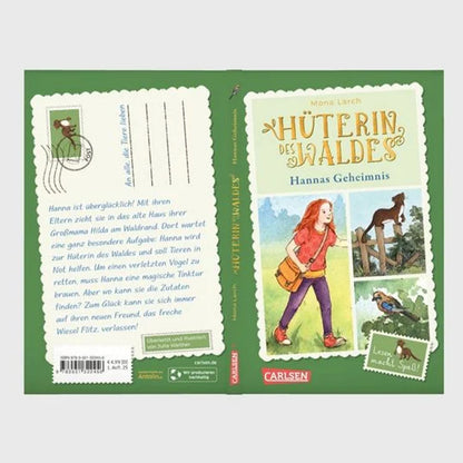 Buchrückseite – Klappentext über Hanna, die in den Wald zieht und Tieren hilft, Postkarten-Design.