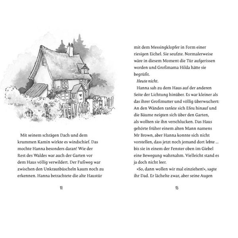 Buchseite – Illustration eines alten Hauses im Wald, Text über Hannas Ankunft.