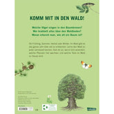Buchrückseite „Im Wald“ mit Beschreibung des Inhalts und Naturillustrationen auf grünem Hintergrund.