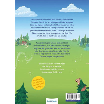 Buchrückseite – Textbeschreibung des Buches vor einer grünen Waldlandschaft mit Hügeln, Bäumen und einem kleinen Haus.