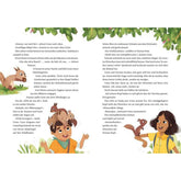 : Buchseite – Textseite mit zwei Kindern im Wald und mehreren Eichhörnchen, die um sie herum turnen.