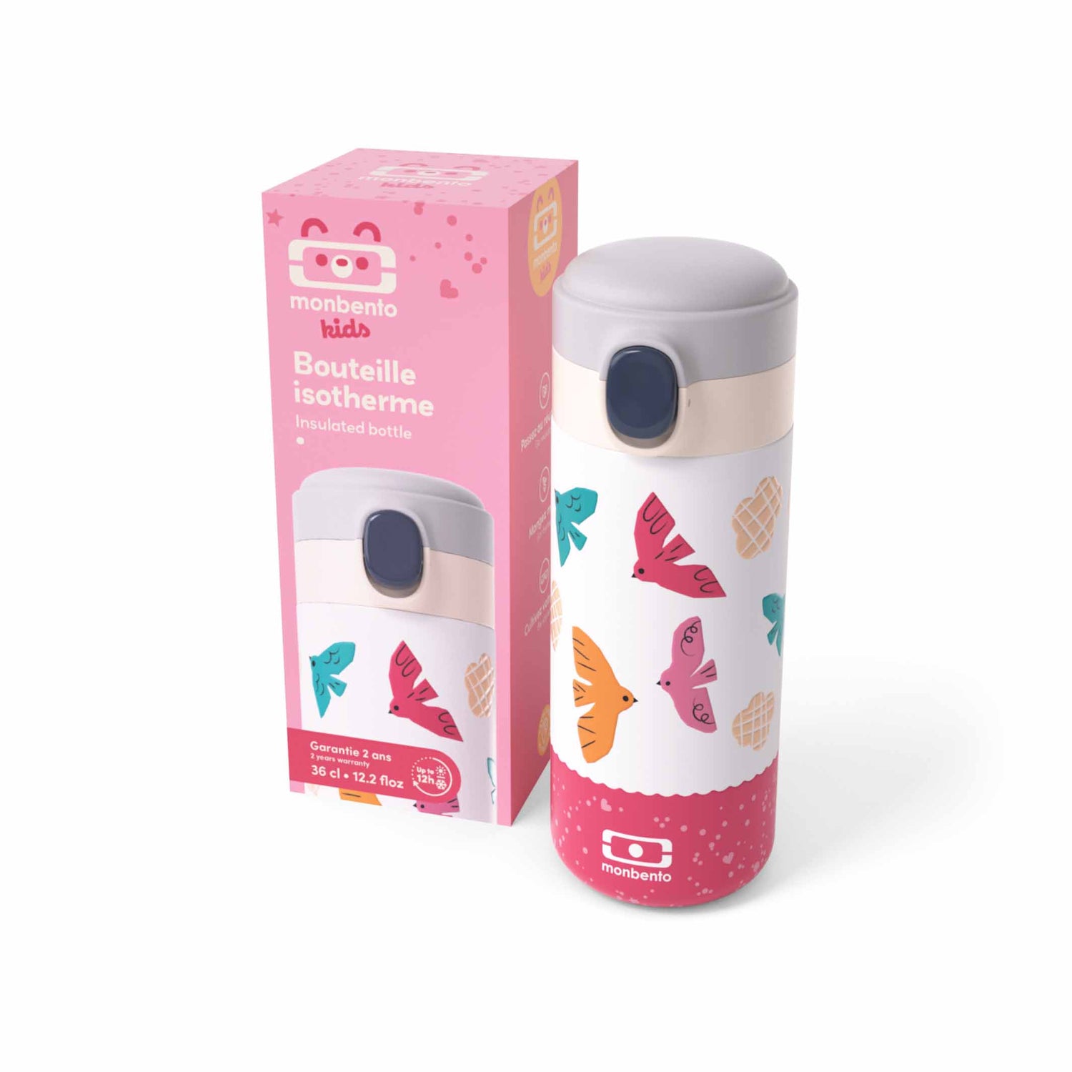 MonBento POP Trinkflasche Vögel – nachhaltige Verpackung, ideal für Kinder und Ausflüge