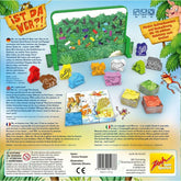 Rückseite der Spielschachtel mit Beschreibung in mehreren Sprachen und Abbildung des Spielmaterials.