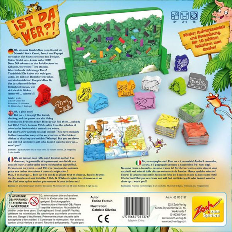 Rückseite der Spielschachtel mit Beschreibung in mehreren Sprachen und Abbildung des Spielmaterials.