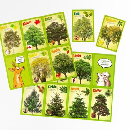 Buchseiten mit herausnehmbaren Baum-Infokarten zu Baumarten wie Ahorn, Eiche und Buche.
