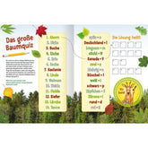 Buchseite „Das große Baumquiz“ mit Baumartenliste und Rätsel zum Ausfüllen.