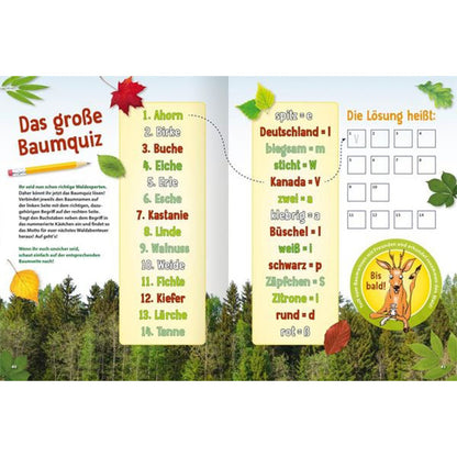 Buchseite „Das große Baumquiz“ mit Baumartenliste und Rätsel zum Ausfüllen.