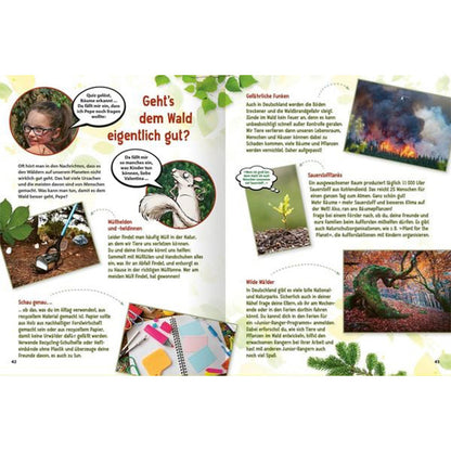 Buchseite „Geht’s dem Wald eigentlich gut?“ mit Text, Fotos und Infos zu Waldschutz.