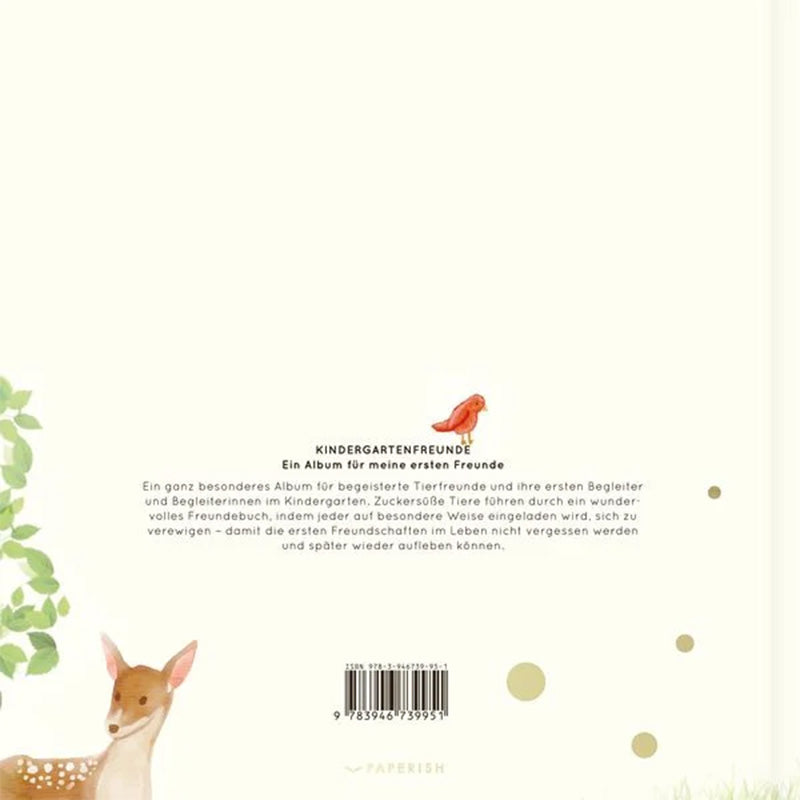 Buchrückseite des Freundebuchs „Kindergartenfreunde“ mit kurzer Beschreibung des Albums und kleiner Illustration eines Rehs unten links.