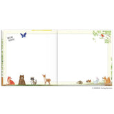 Doppelseite des Freundebuchs mit Platz für Gruppenfoto oder Zeichnungen und Waldtier-Illustrationen am Rand.