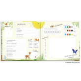 Doppelseite des Freundebuchs mit Steckbrieffeldern, Mal- und Ankreuzbereichen sowie Waldtier-Illustrationen.