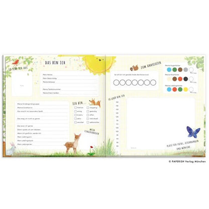 Doppelseite des Freundebuchs mit Steckbrieffeldern, Mal- und Ankreuzbereichen sowie Waldtier-Illustrationen.