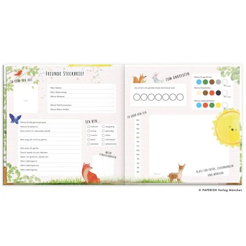 Doppelseite des Freundebuchs mit Steckbrieffeldern, Mal- und Ankreuzbereichen sowie Waldtier-Illustrationen.