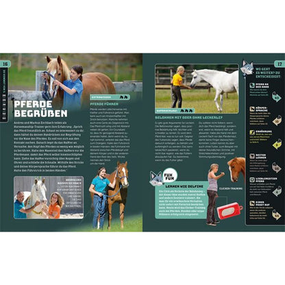 Doppelseite im Buch mit Fotos von Pferden, Trainingstipps und dem Titel ‘Pferde begrüßen’.