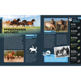 Doppelseite im Buch mit Fotos verschiedener Pferderassen weltweit und Wildpferden.
