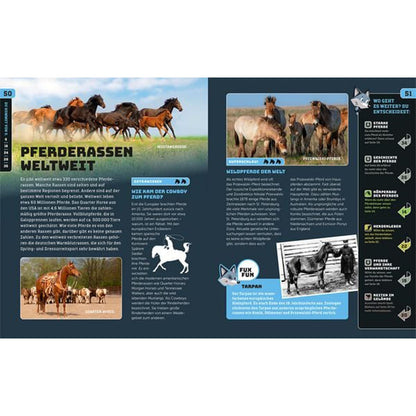 Doppelseite im Buch mit Fotos verschiedener Pferderassen weltweit und Wildpferden.