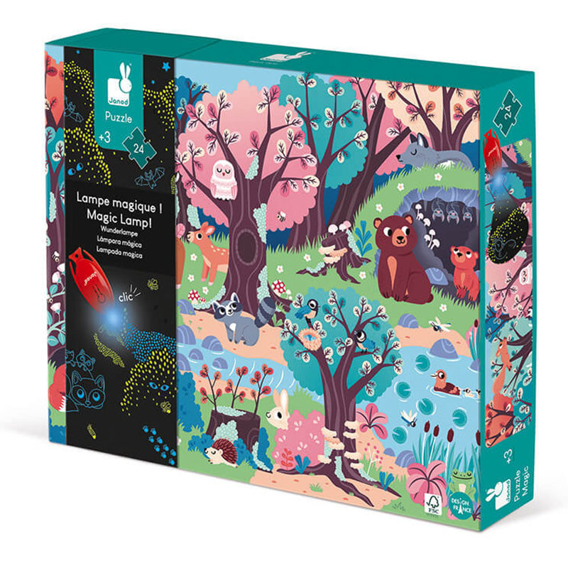 Verpackung des Puzzles mit Abbildung der bunten Waldszene und Hinweis auf die magische Lampe.