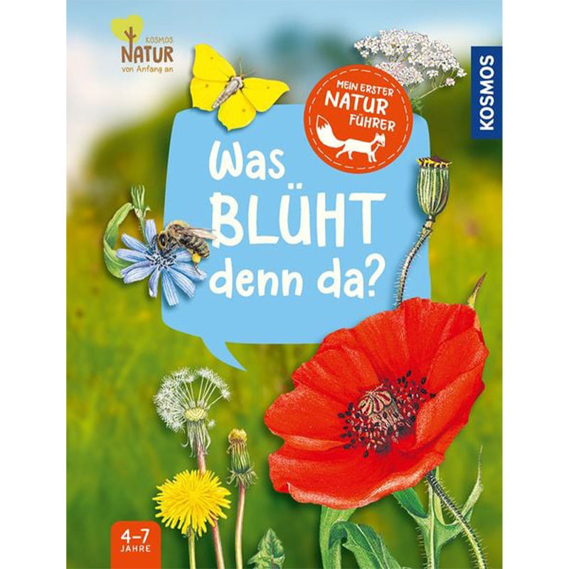 Buchcover „Was blüht denn da?“ – bunter Naturführer mit Mohnblume, Biene und Schmetterling, geeignet für Kinder von 4–7 Jahren.