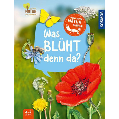 Buchcover „Was blüht denn da?“ – bunter Naturführer mit Mohnblume, Biene und Schmetterling, geeignet für Kinder von 4–7 Jahren.