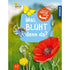 Buchcover „Was blüht denn da?“ – bunter Naturführer mit Mohnblume, Biene und Schmetterling, geeignet für Kinder von 4–7 Jahren.