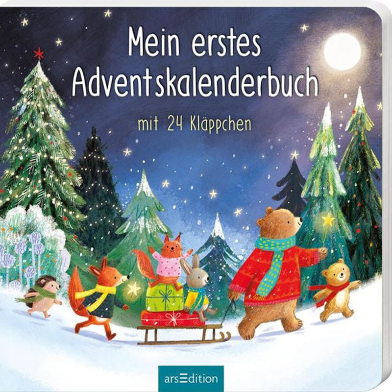 Buchcover „Mein erstes Adventskalenderbuch“ (arsEdition). Eine stimmungsvolle Winterwaldszene zeigt Tiere wie Bär, Fuchs, Eichhörnchen und Hase, die Geschenke und Weihnachtsfreude teilen – mit dem Hinweis „mit 24 Kläppchen“.