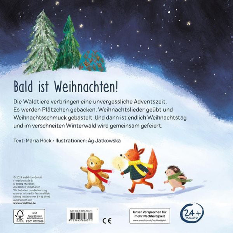 Rückseite – Beschreibung des Inhalts: Die Waldtiere erleben eine zauberhafte Adventszeit mit Backen, Basteln, Singen und einer großen Feier im verschneiten Wald. Text von Maria Höck, Illustrationen von Ag Jatkowska.