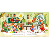 Buchseiten – Im Fuchsbau wird es gemütlich: Kleine Füchse basteln, malen und schmücken den Raum mit Girlanden und Adventskranz, während draußen der Schnee fällt.