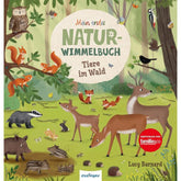 Cover des Kinderbuchs „Mein erstes Natur-Wimmelbuch – Tiere im Wald“ von Lucy Barnard, mit vielen Waldtieren wie Rehen, Füchsen, Eichhörnchen und einem Dachs auf einer Waldwiese.