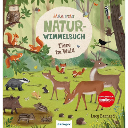 Cover des Kinderbuchs „Mein erstes Natur-Wimmelbuch – Tiere im Wald“ von Lucy Barnard, mit vielen Waldtieren wie Rehen, Füchsen, Eichhörnchen und einem Dachs auf einer Waldwiese.