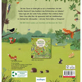 Rückseite des Buchs mit einer Beschreibung über den Inhalt und Tiere im Wald, illustriert mit Waldtieren wie Fuchs, Eichhörnchen, Igel und Vögeln.