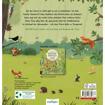 Rückseite des Buchs mit einer Beschreibung über den Inhalt und Tiere im Wald, illustriert mit Waldtieren wie Fuchs, Eichhörnchen, Igel und Vögeln.