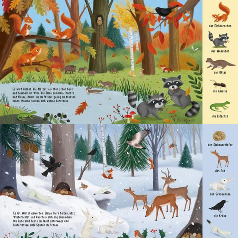 Doppelseite aus dem Buch mit herbstlicher und winterlicher Waldszene, vielen Tieren wie Waschbär, Reh, Eule, Eichhörnchen und Füchsen, mit Text und Tierbezeichnungen am Rand.