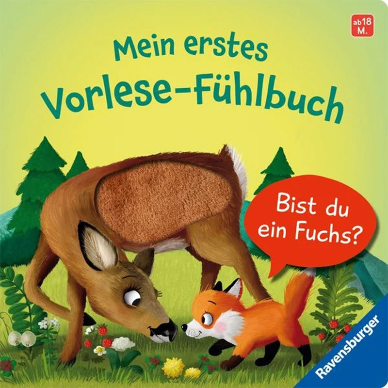 Buchcover „Mein erstes Vorlese-Fühlbuch – Bist du ein Fuchs?“ mit Reh und kleinem Fuchs, Fühlfläche am Reh.