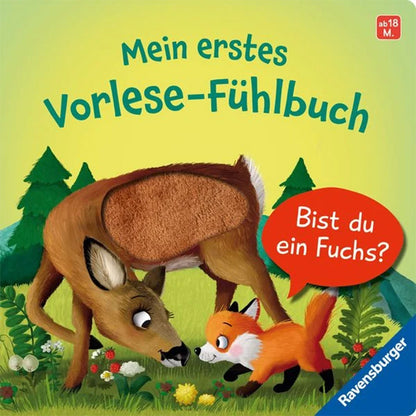 Buchcover „Mein erstes Vorlese-Fühlbuch – Bist du ein Fuchs?“ mit Reh und kleinem Fuchs, Fühlfläche am Reh.