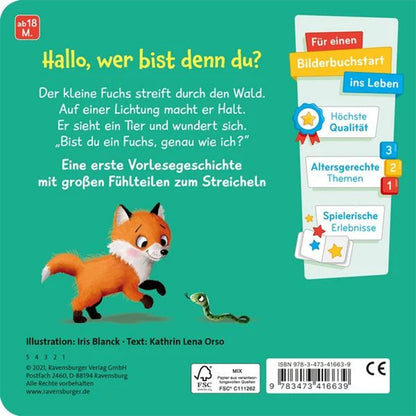 Buchrückseite mit kleinem Fuchs und Textbeschreibung der Geschichte sowie Altersangabe ab 18 Monaten.