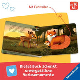 Buchseite mit Fuchs und Rehkitz im Wald, Fühlfläche am Schwanz des Fuchses.