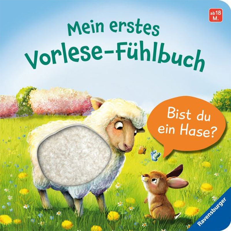 Buchcover von „Mein erstes Vorlese-Fühlbuch – Bist du ein Hase?“ mit Schaf und Hase auf einer Wiese, mit großem Fühlfeld am Schaf.