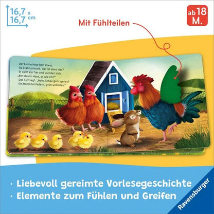 Buchseite mit Hase auf dem Bauernhof und zwei Hühnerfamilien, Fühlelemente an den Hühnern.