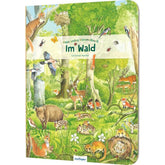 Buchcover von „Mein erstes Wimmelbuch – Im Wald“ mit vielen Waldtieren wie Rehen, Wildschwein, Fuchs, Vögeln und Eichhörnchen in einer grünen Waldlandschaft.