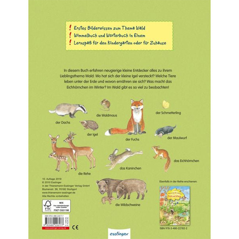 Buchrückseite von „Mein erstes Wimmelbuch – Im Wald“ mit kurzen Infos zum Buch und kleinen Abbildungen von Waldtieren auf grünem Hintergrund.