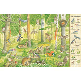 Buchinnenseite mit Wimmelbild „Der Mischwald“ zeigt viele Tiere wie Vögel, Rehe und Eichhörnchen zwischen Bäumen im Wald.