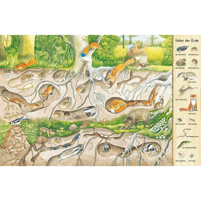 Buchinnenseite mit Wimmelbild „Unter der Erde“ zeigt Tierhöhlen und Gänge unter der Erde mit Füchsen, Dachsen, Kaninchen und Mäusen.
