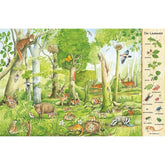 Buchinnenseite mit Wimmelbild „Der Laubwald“ zeigt viele Waldtiere zwischen Laubbäumen sowie Pflanzen und Insekten.