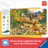 Buchseite – Wimmelbuchseite mit vielen Waldtieren im Herbst zwischen Laub, Bäumen und Futterstellen.