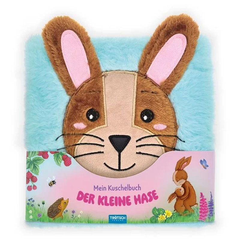 Stoffbuch mit Hasengesicht auf blauem Plüsch und Titel „Der kleine Hase“
