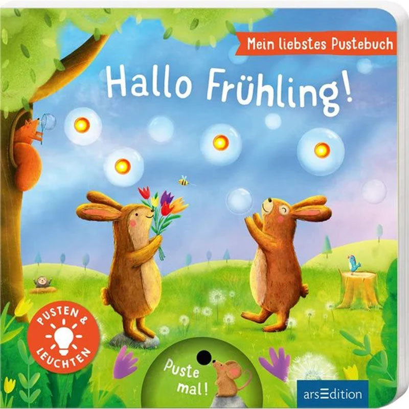 Buchcover – Zwei Hasen im Frühlingsgarten pusten leuchtende Lichtpunkte in den Himmel