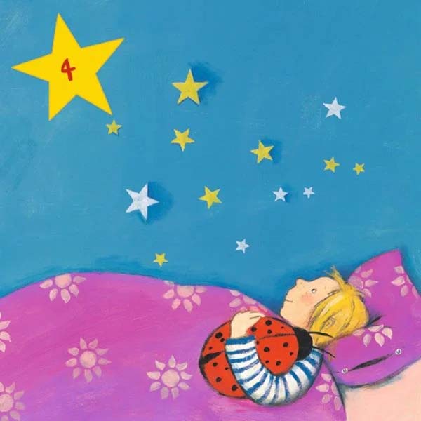 Karte aus dem Vorlese Adventskalender mit niedlicher Illustration eines Kindes im Bett unter dem Sternenhimmel