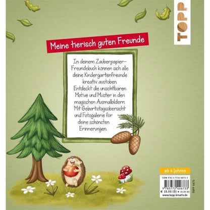 Rückseite des Buches mit grünem Hintergrund, Textfeld „Meine tierisch guten Freunde“, Baum, Igel mit Apfel und Tannenzapfen.
