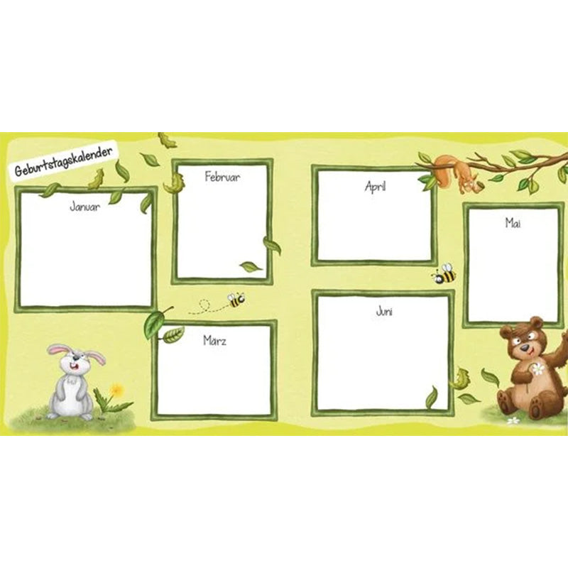 Doppelseite „Geburtstagskalender“ mit zwölf Monatsfeldern und Illustrationen von Hase, Bär, Biene und Eichhörnchen.